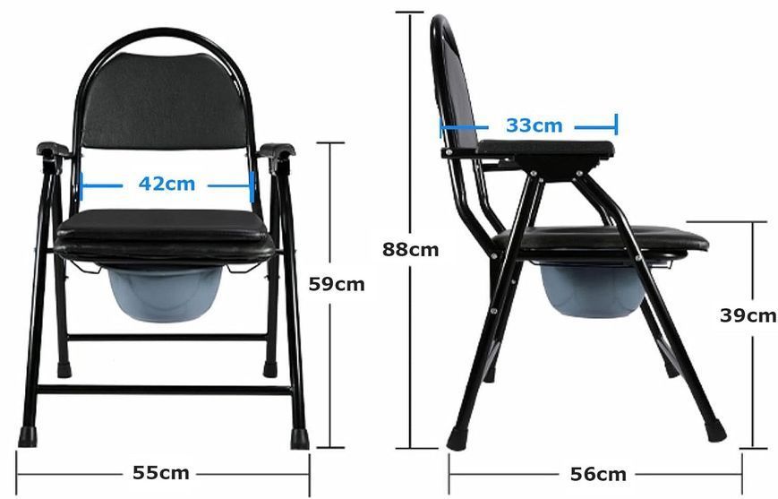 Portable toilet-shower chair, easy to fold, with removable bucket for adults, small plastic handles, load capacity 150 kg.